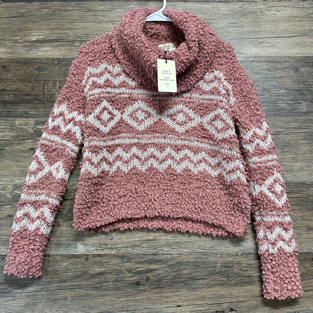 Hippie Rose Pink Cowl Neck Sweater‎ with Plush Texture and Geometric Patterns